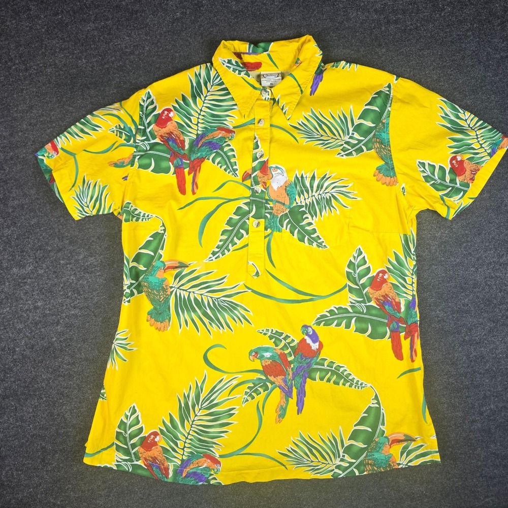 Vtg Go Barefoot Women's Yellow Tropical Hawaiian Shirt Made in USA Retro Size L